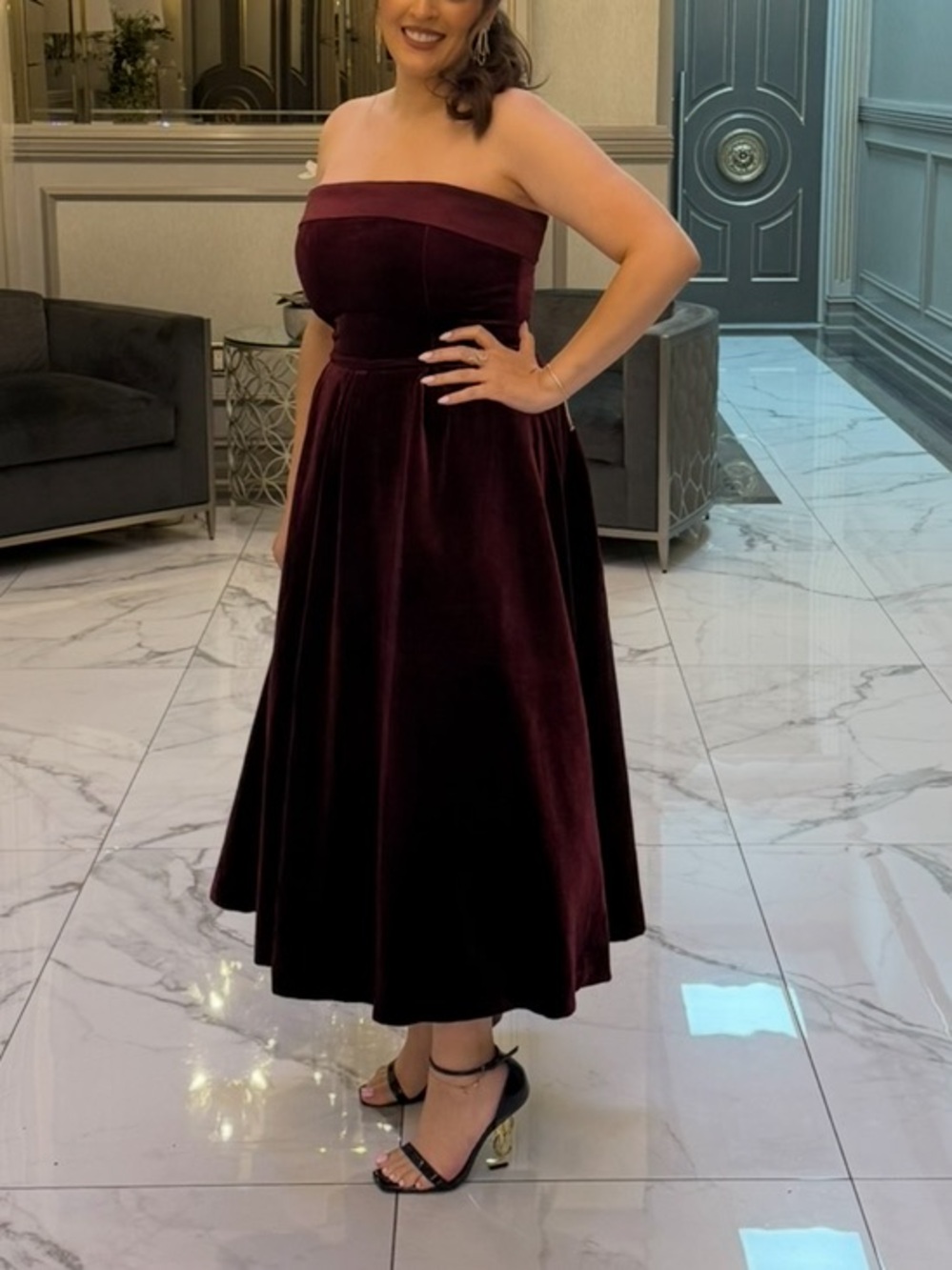 Club L London Strapless Velvet Midi Dress in Burgundy